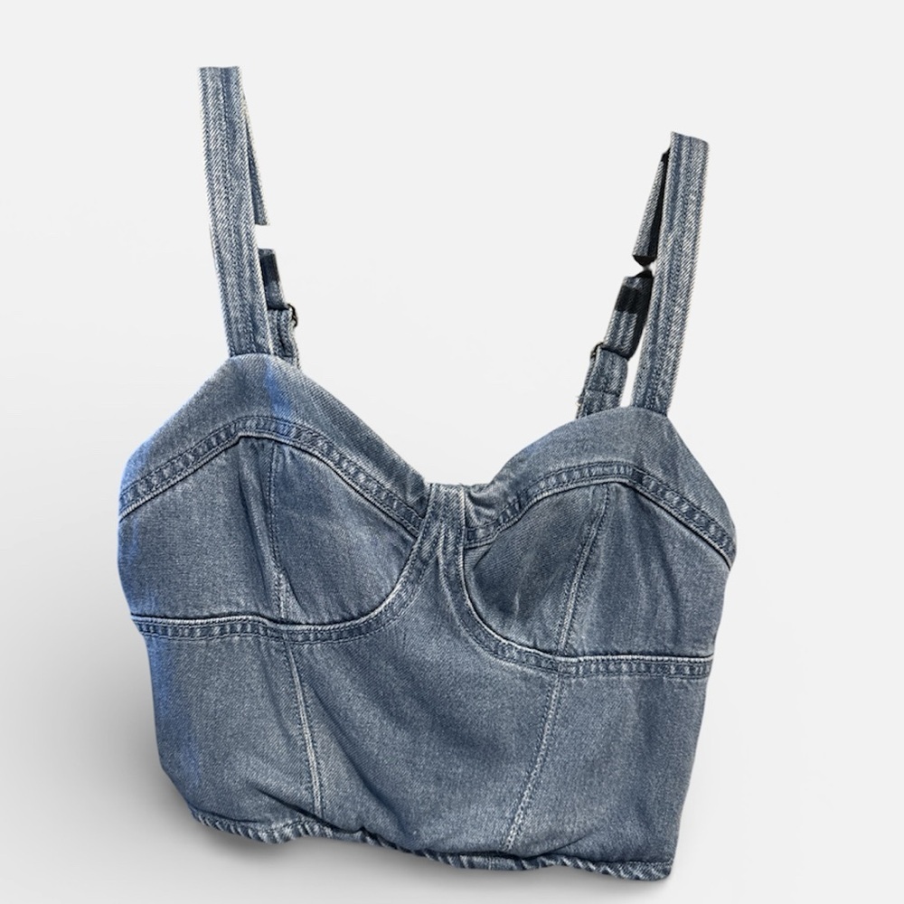 Young Fabulous & Broke YFB Denim Bustier Adjustable Straps Back Zip Crop Top M